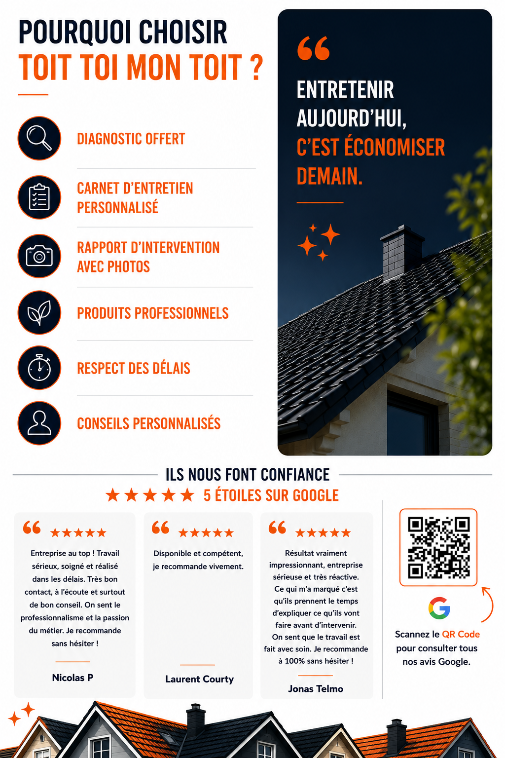 Pourquoi choisir Toit Toi Mon Toit : diagnostic, carnet d'entretien, rapport photos, produits professionnels, délais et conseils